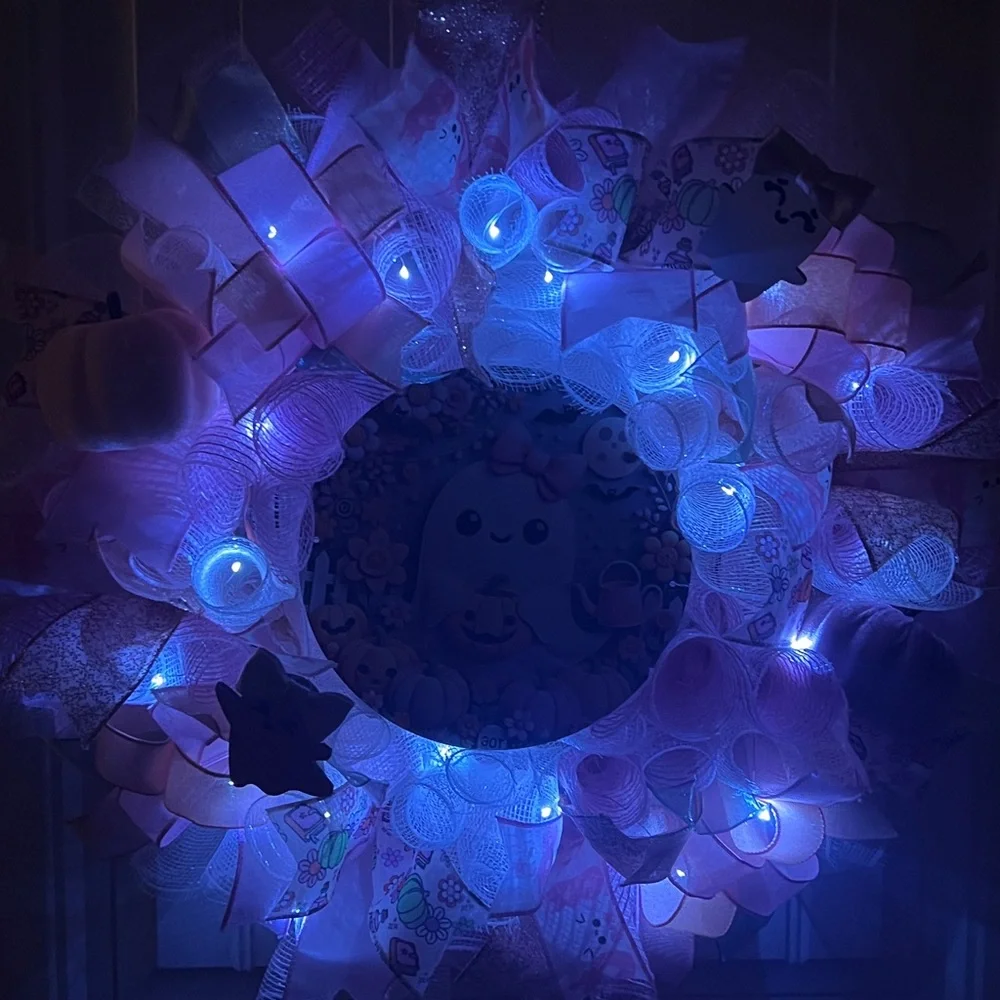 Back in Stock! Handmade 22” Pink Halloween Wreath Ghost Pumpkins LED Lights W17